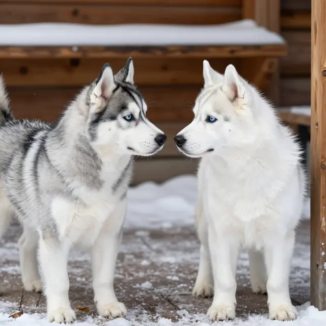Two Siberian husky puppies with bright blue eyes stand face to face on a snow-dusted wooden cabin porch.