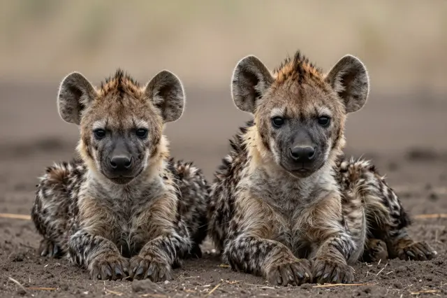 Two spotted hyena cubs lie side by side on dirt, facing the camera directly.