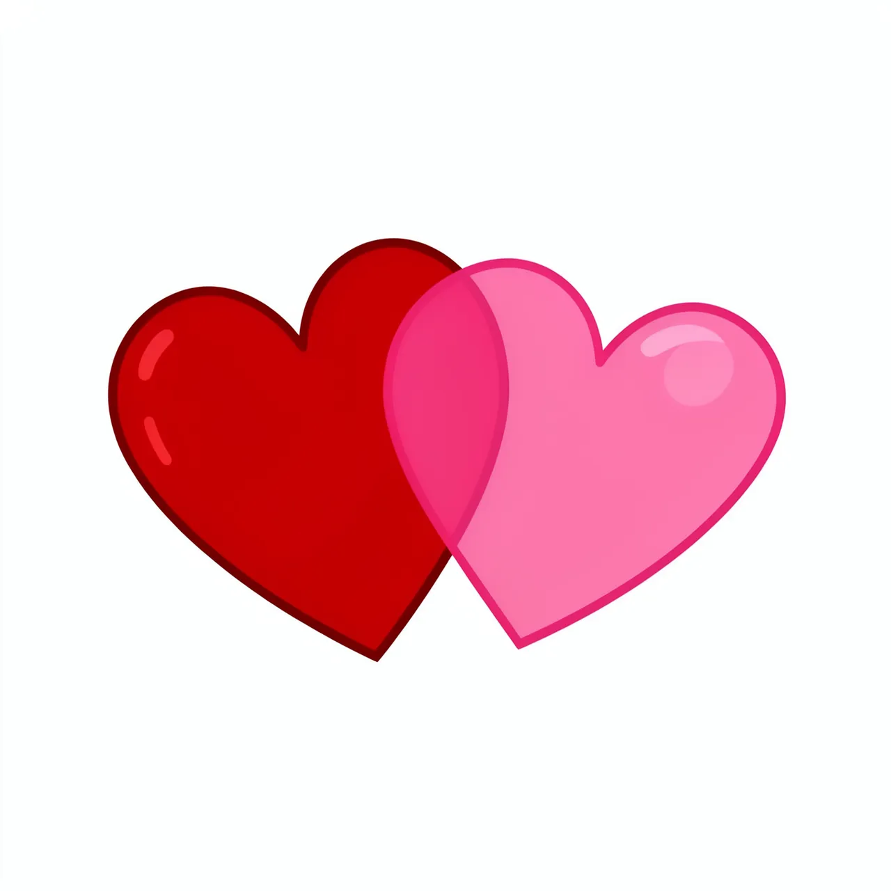 Glossy cartoon illustration of overlapping red and pink hearts isolated on a plain white background