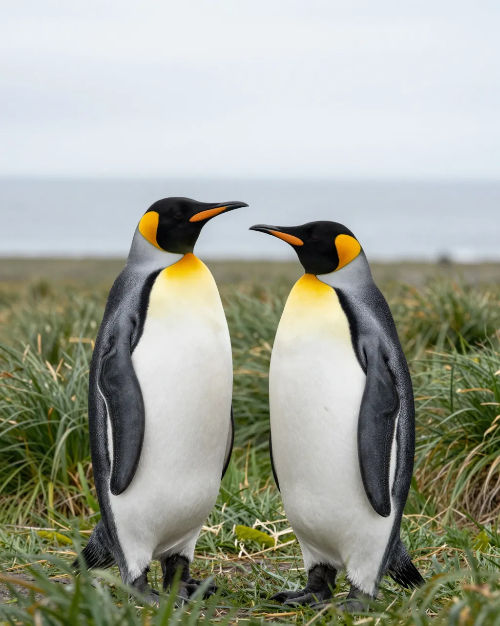 Two king penguins stand facing each other in green tussock grass beside a calm overcast sea
