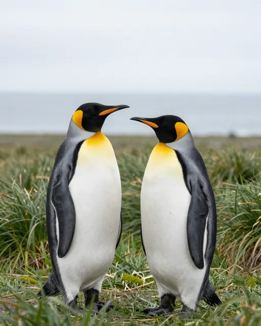 Two king penguins stand facing each other in green tussock grass beside a calm overcast sea
