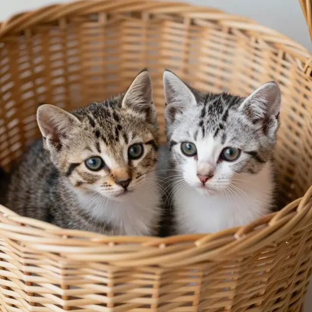 Two tabby kittens sit close together, looking directly at the camera from inside a light wicker basket.