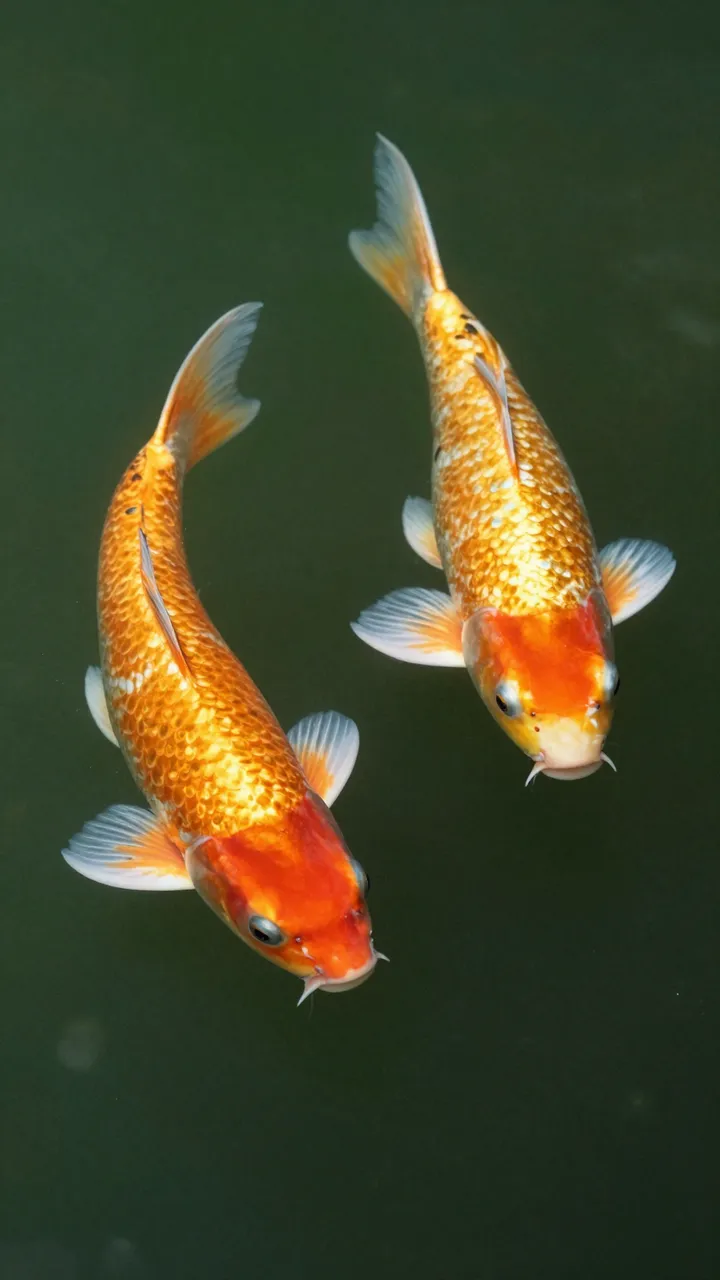 Top down view of two orange and gold koi swimming side by side in dark green pond water