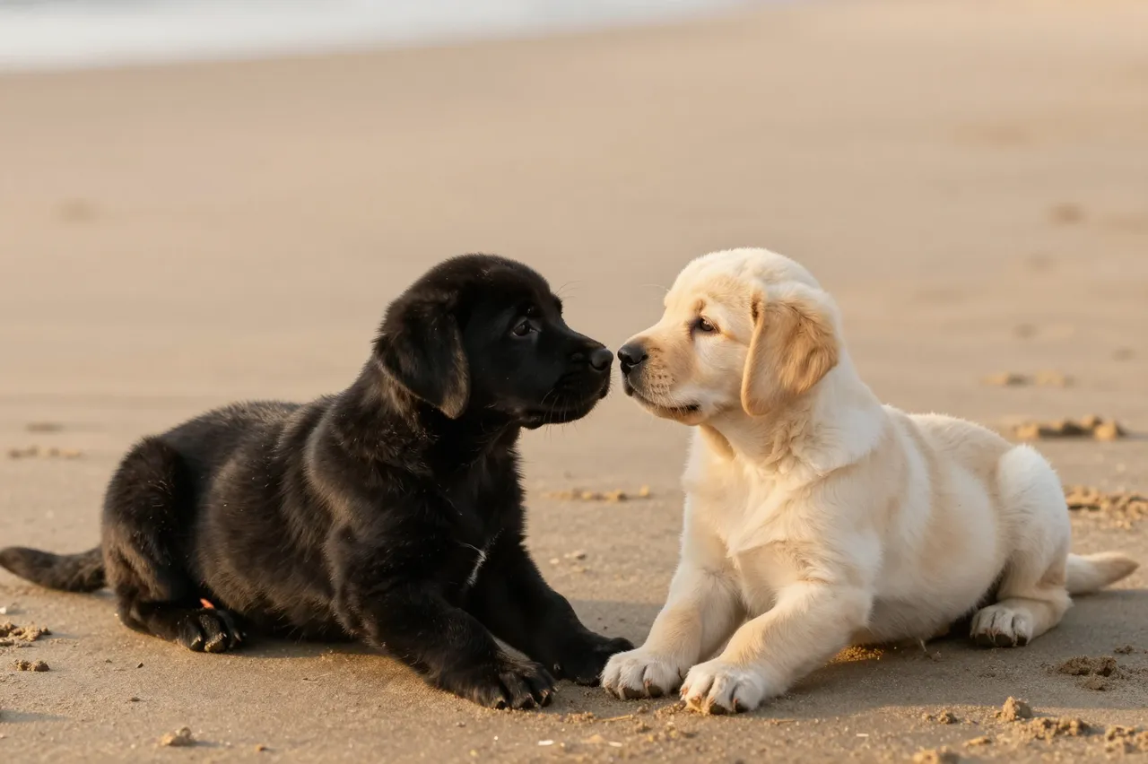Black and yellow labrador puppies lie face to face on sunlit sandy beach sand at golden hour.