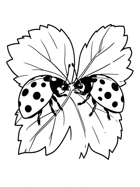 Black and white line art of two ladybugs facing each other on a serrated strawberry leaf