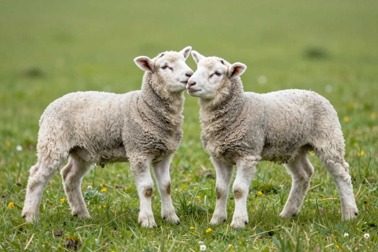 Two fluffy lambs stand gently touching noses in a green grassy pasture dotted with small wildflowers