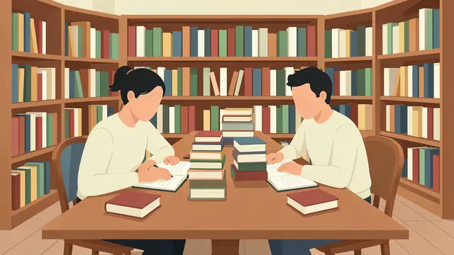 Two faceless adult people study together at a wooden library table surrounded by stacked books and bookshelves.