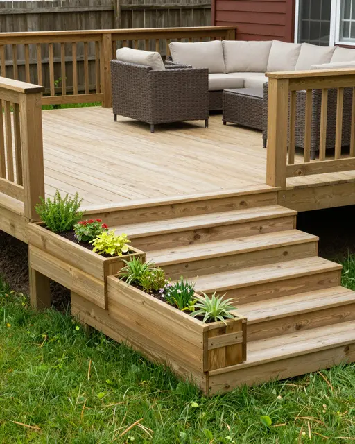 Wooden two-level cedar deck with built-in planters and outdoor seating sits above a green grass lawn next to a home.