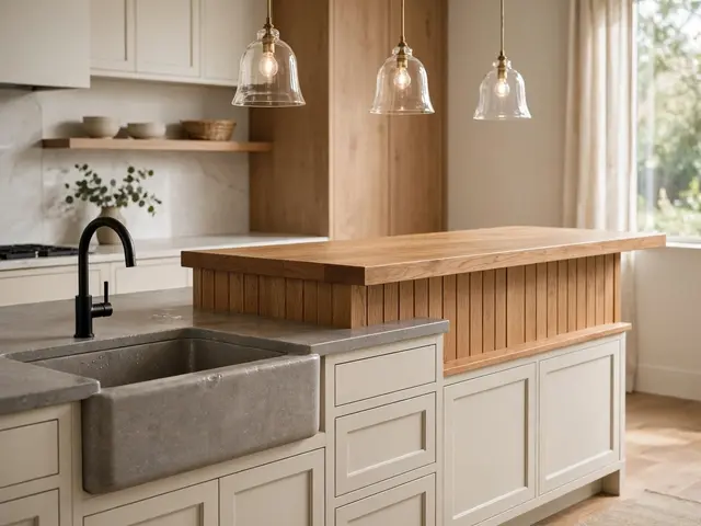 Bright modern kitchen with a two-level oak island, stone sink and glass bell pendant lights