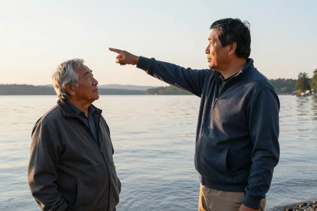 Two men stand on a lakeshore at sunrise, one pointing across the water as the other looks on.