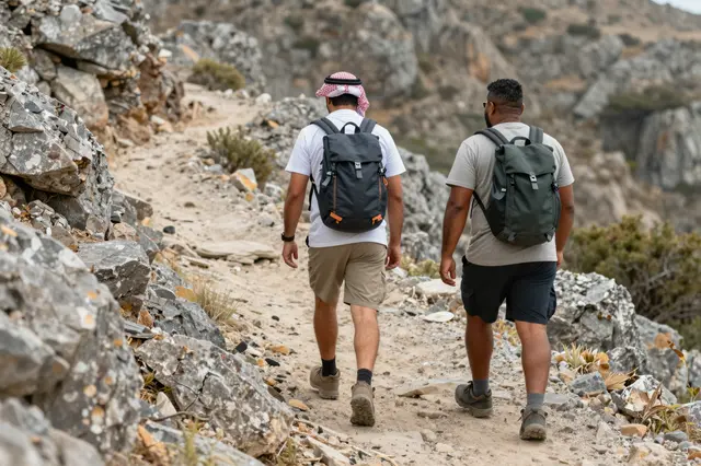Two men viewed from behind hike side by side along a narrow rocky mountain ridge trail