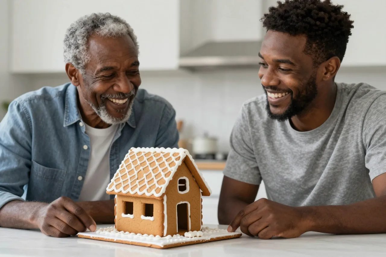An older and a younger Black man laugh together looking at a homemade gingerbread house on a kitchen table