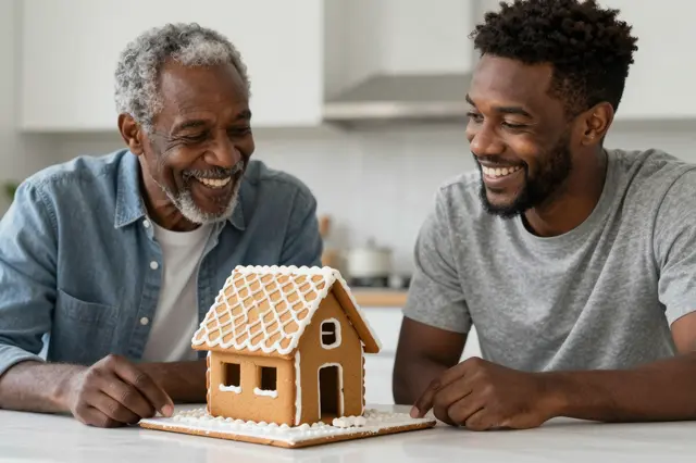 An older and a younger Black man laugh together looking at a homemade gingerbread house on a kitchen table