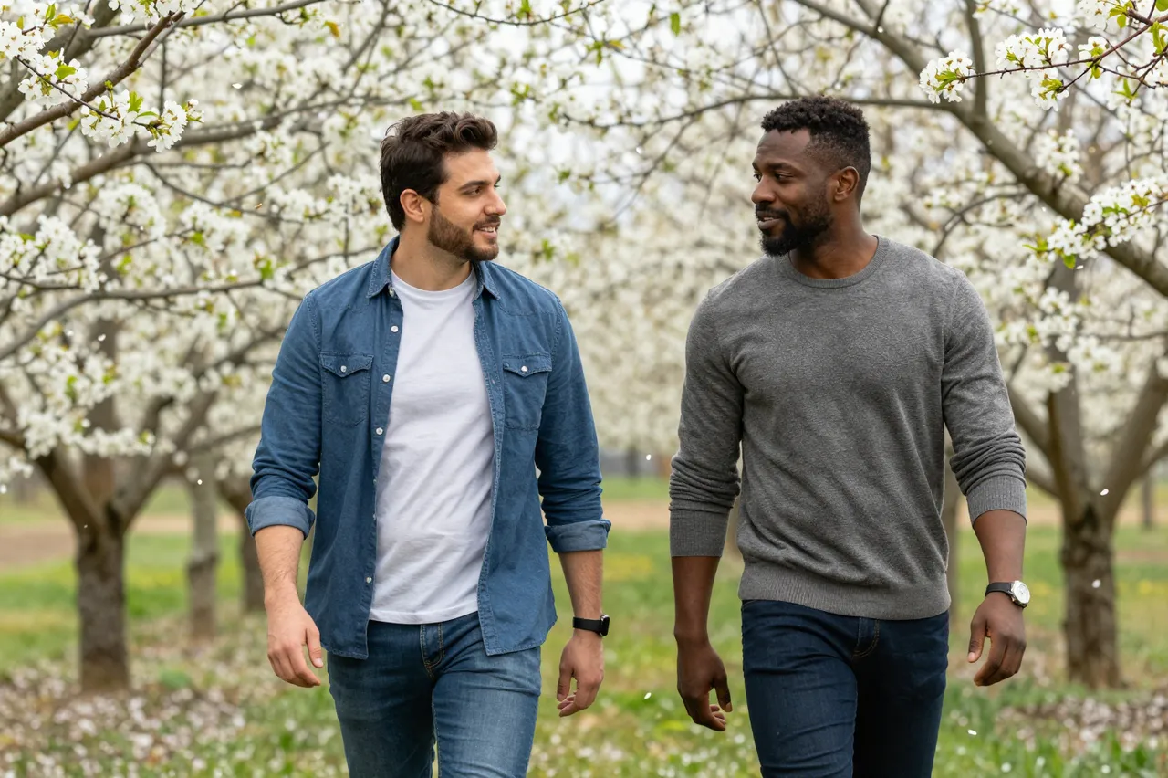 Two adult men walk side by side and converse beneath blooming cherry trees with falling petals.