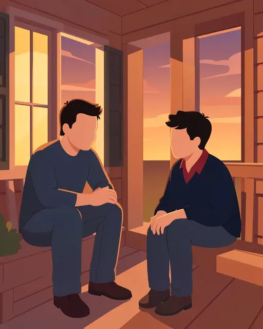 Faceless flat vector illustration of two men sitting and conversing on a wooden front porch at warm dusk