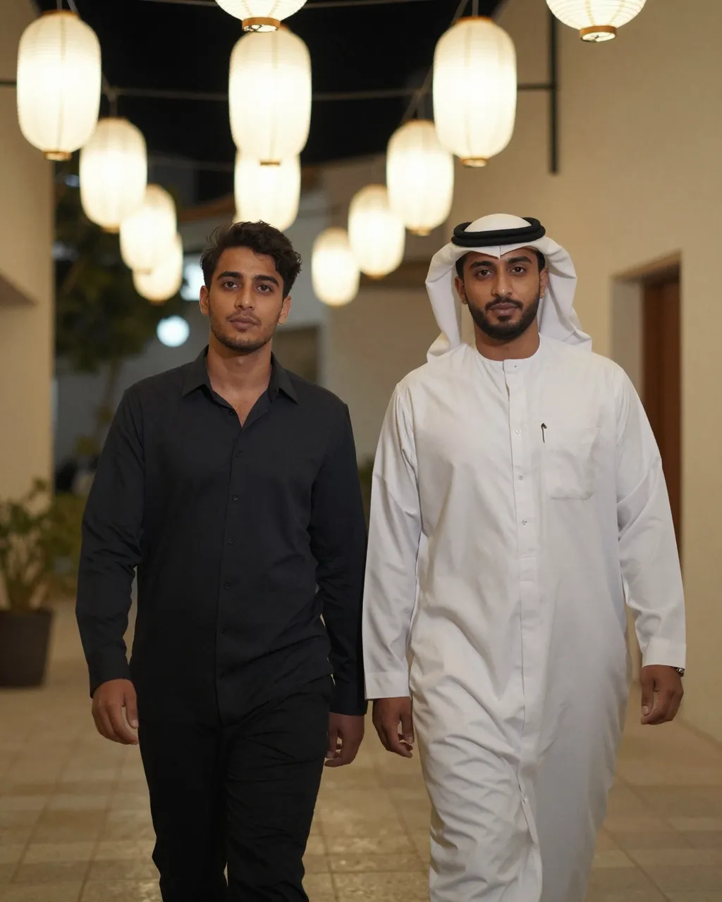 Two men walk side by side down a tiled evening walkway lined with glowing hanging paper lanterns