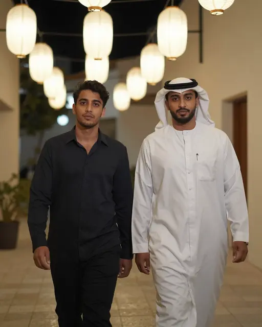 Two men walk side by side down a tiled evening walkway lined with glowing hanging paper lanterns
