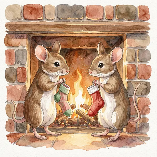 Watercolor illustration of two mice holding tiny stockings in front of a lit brick fireplace