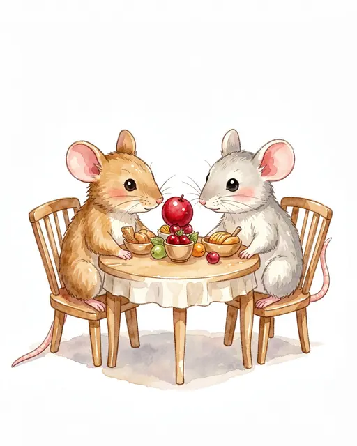 Cute watercolor illustration of two mice sitting at a tiny table with holiday food