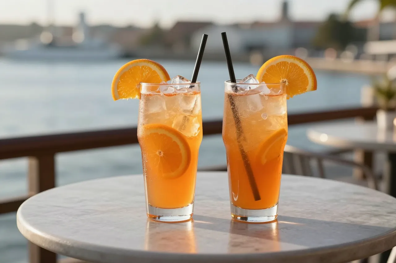 Two orange spritz cocktails garnished with orange slices sit on a marble cafe table overlooking the water at golden hour.