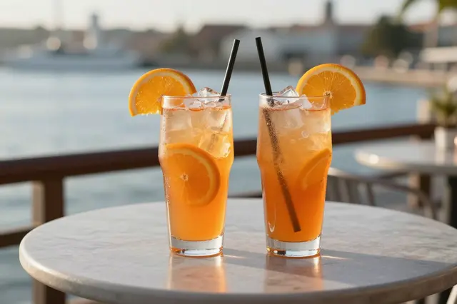 Two orange spritz cocktails garnished with orange slices sit on a marble cafe table overlooking the water at golden hour.