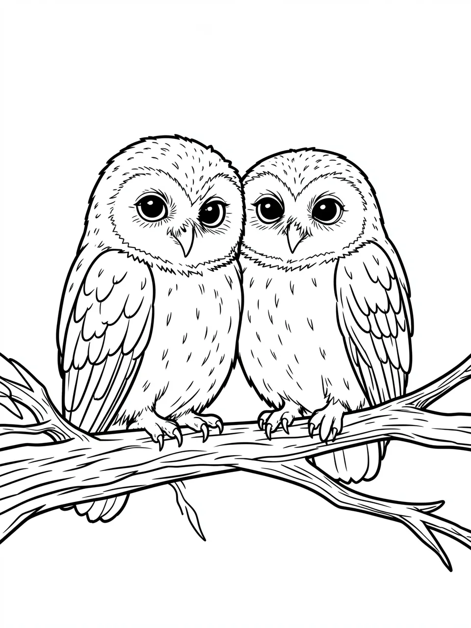 Clean black and white line art of two huddled owlets perched closely together on a tree branch