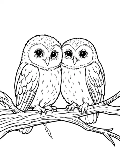 Clean black and white line art of two huddled owlets perched closely together on a tree branch