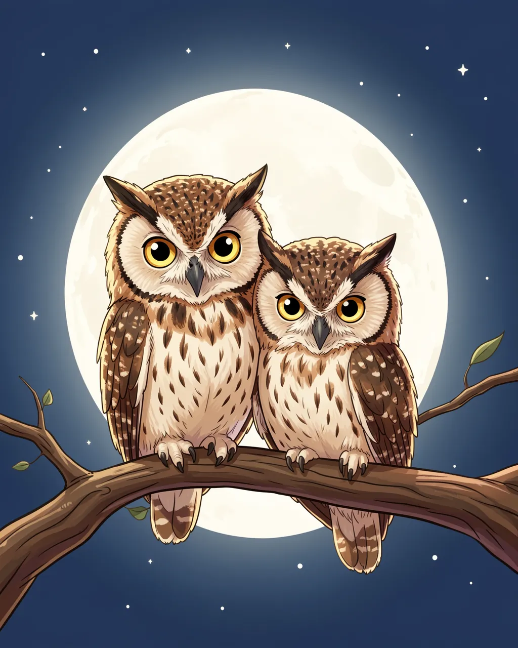 Two cute illustrated owls snuggle side by side on a tree branch in front of a glowing full moon and starry night sky.