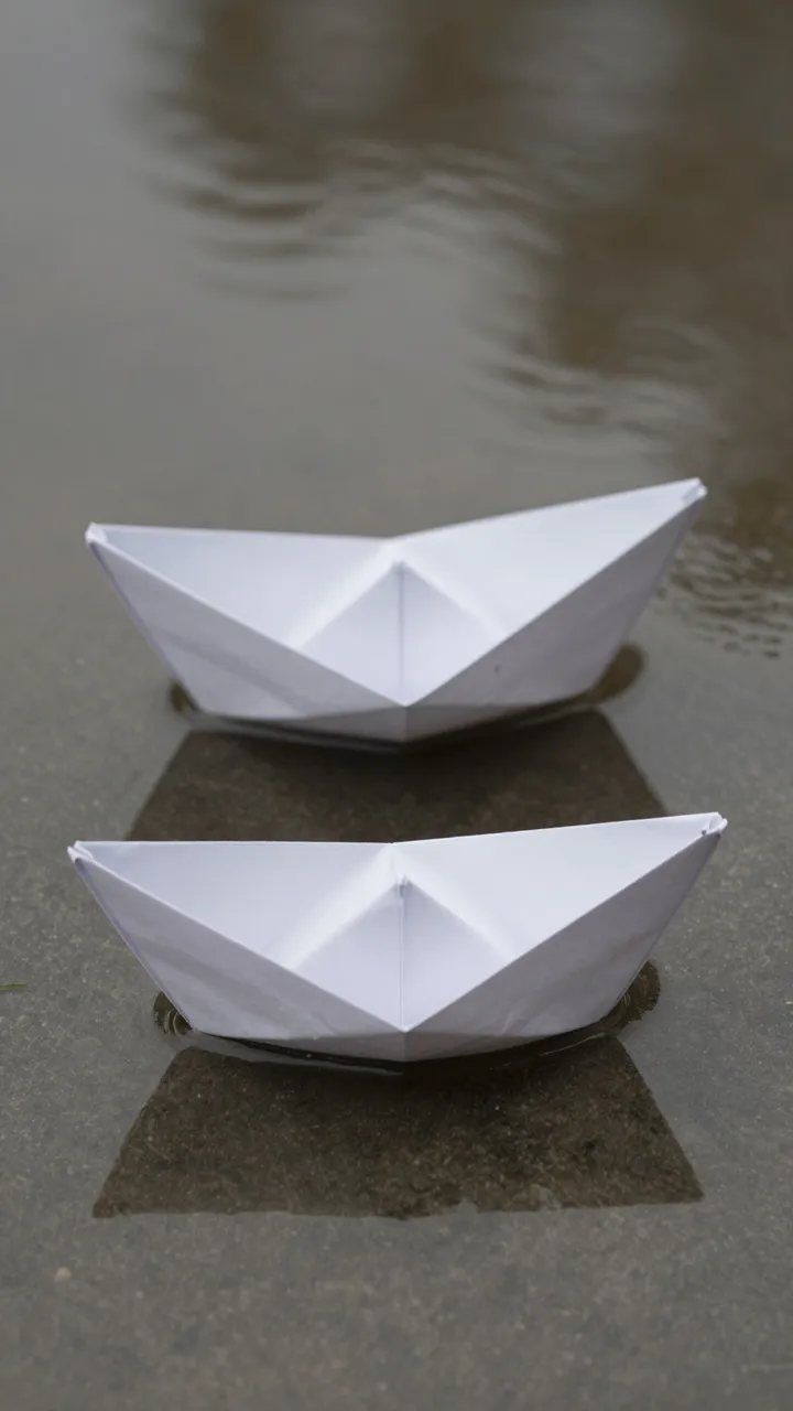 Two white origami paper boats floating calmly on a shallow grey puddle