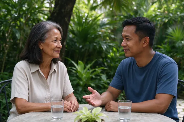 A senior woman and a younger man sit across a garden table conversing over glasses of water.