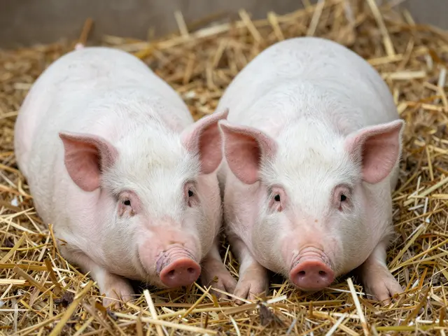 Two young piglets lie side by side on dry straw, looking toward the camera.