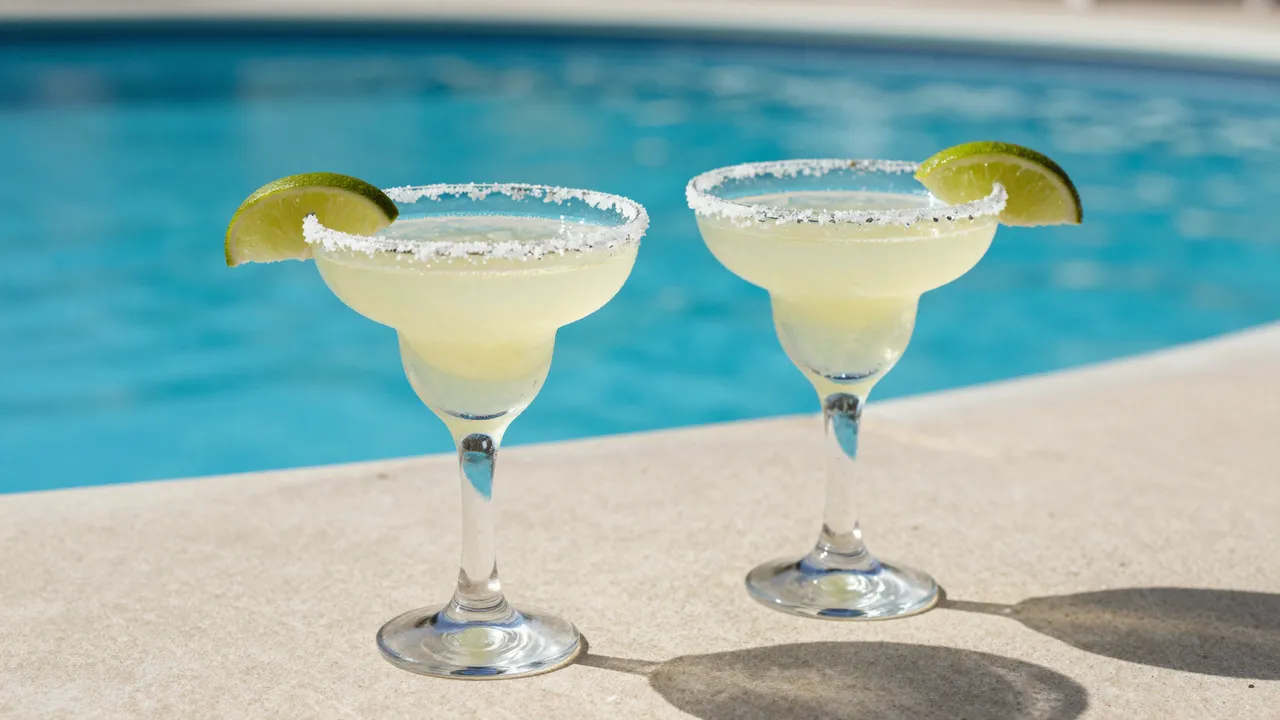 Two salt-rimmed margarita cocktails with lime wedges sit on a poolside ledge next to bright blue swimming pool water.