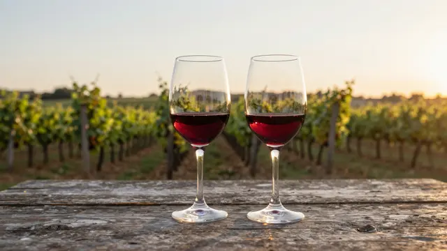 Two glasses of red wine rest on a rustic wooden table overlooking vineyard rows at golden sunset