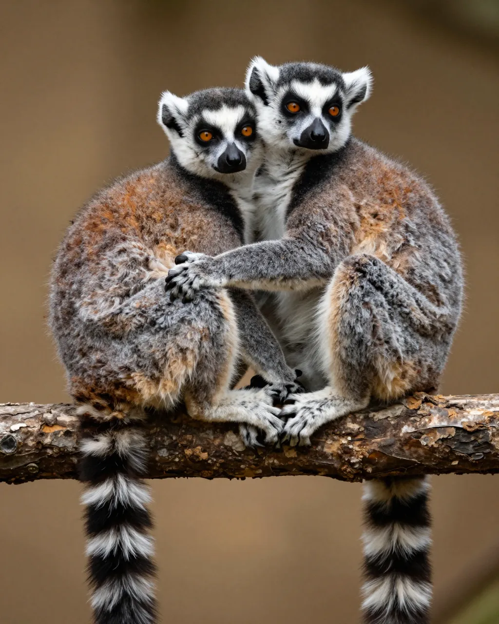 Two ring-tailed lemurs sit huddled together embracing on a thick branch with tails hanging down.