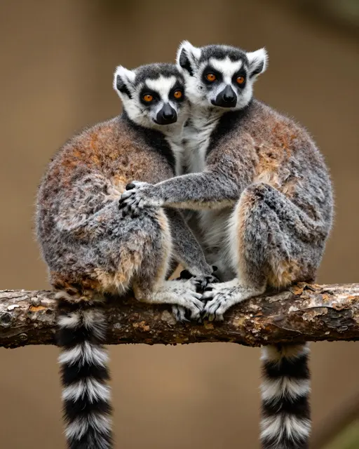 Two ring-tailed lemurs sit huddled together embracing on a thick branch with tails hanging down.