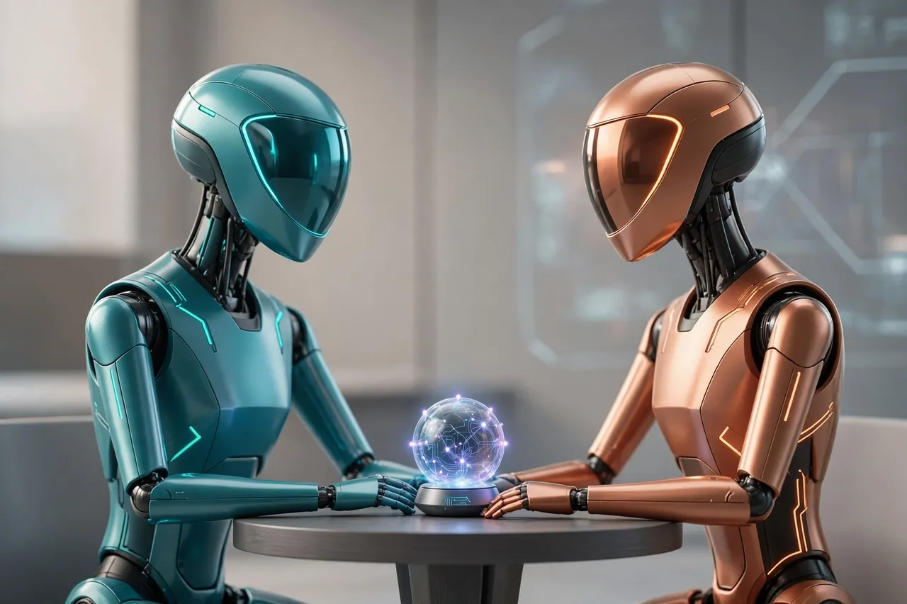 A teal robot and a copper robot sit facing each other across a small table with a glowing holographic sphere between them.