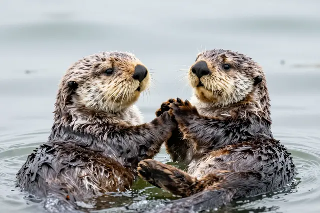 Two wet sea otters float side by side in calm water while holding front paws together