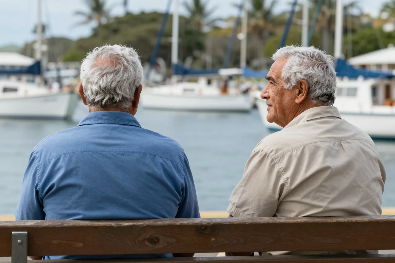 Two older men sit on a wooden bench overlooking sailboats moored in a calm harbor.
