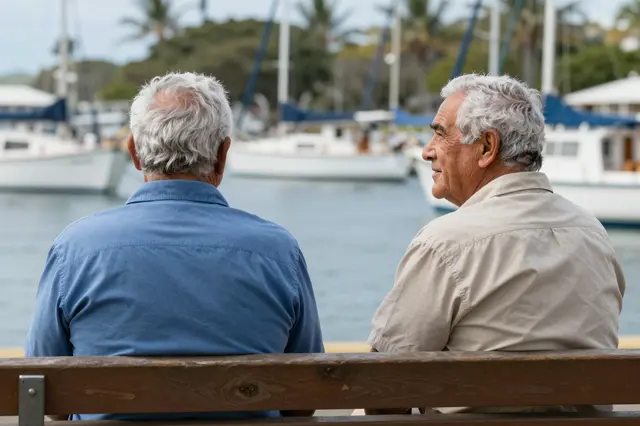 Two older men sit on a wooden bench overlooking sailboats moored in a calm harbor.