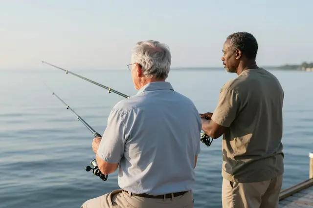 Two older men stand side by side on a dock fishing over calm water at early morning.