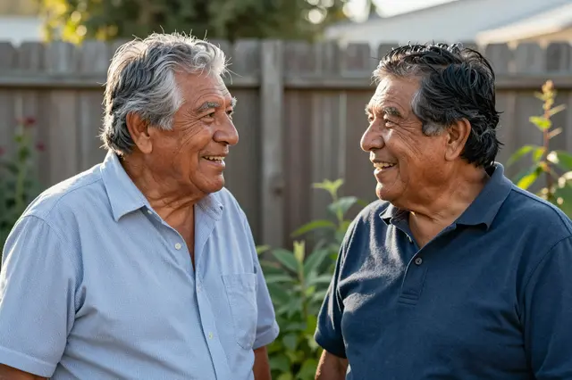 Two older men smiling and conversing beside a wooden garden fence in warm late afternoon light