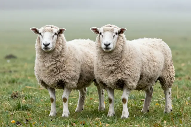 Two sheep with thick curly wool stand side by side facing the camera in a foggy grass field.