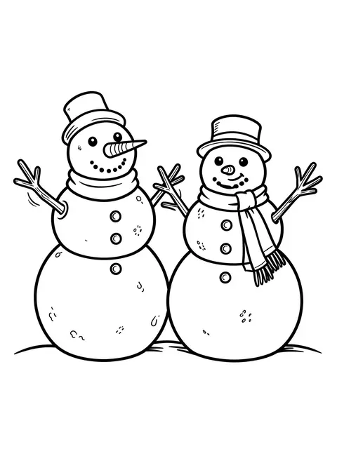 Simple bold black line art of two cheerful snowmen standing side by side on a plain white background