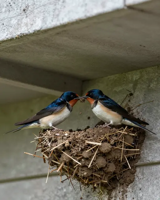 Two barn swallows pass a clump of mud between their beaks while perching on a partially built mud nest under a concrete eave