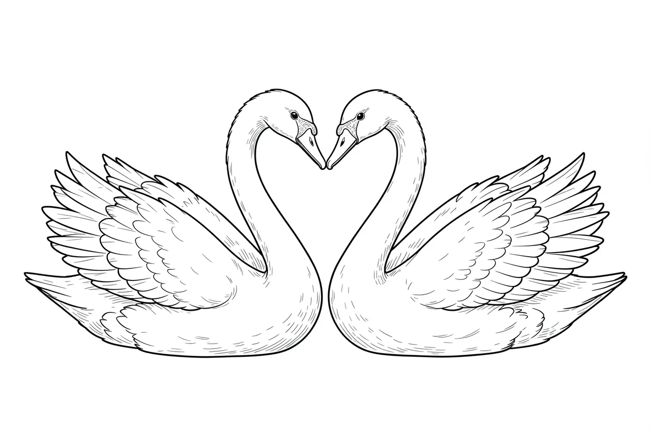 Fine line art of two facing swans whose necks meet to create a heart shape on a plain white background