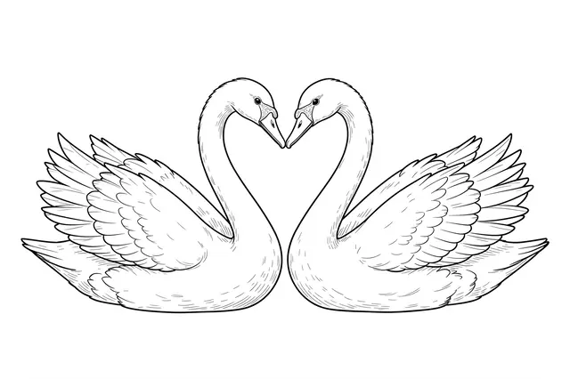Fine line art of two facing swans whose necks meet to create a heart shape on a plain white background