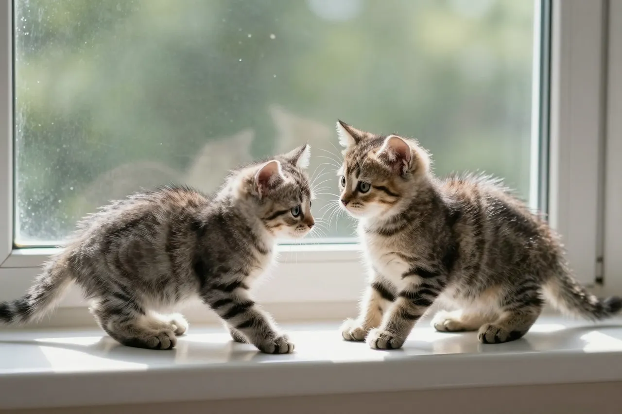 Two fluffy tabby kittens face each other while standing on a sunlit indoor windowsill