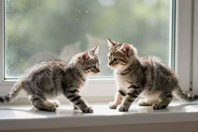 Two fluffy tabby kittens face each other while standing on a sunlit indoor windowsill
