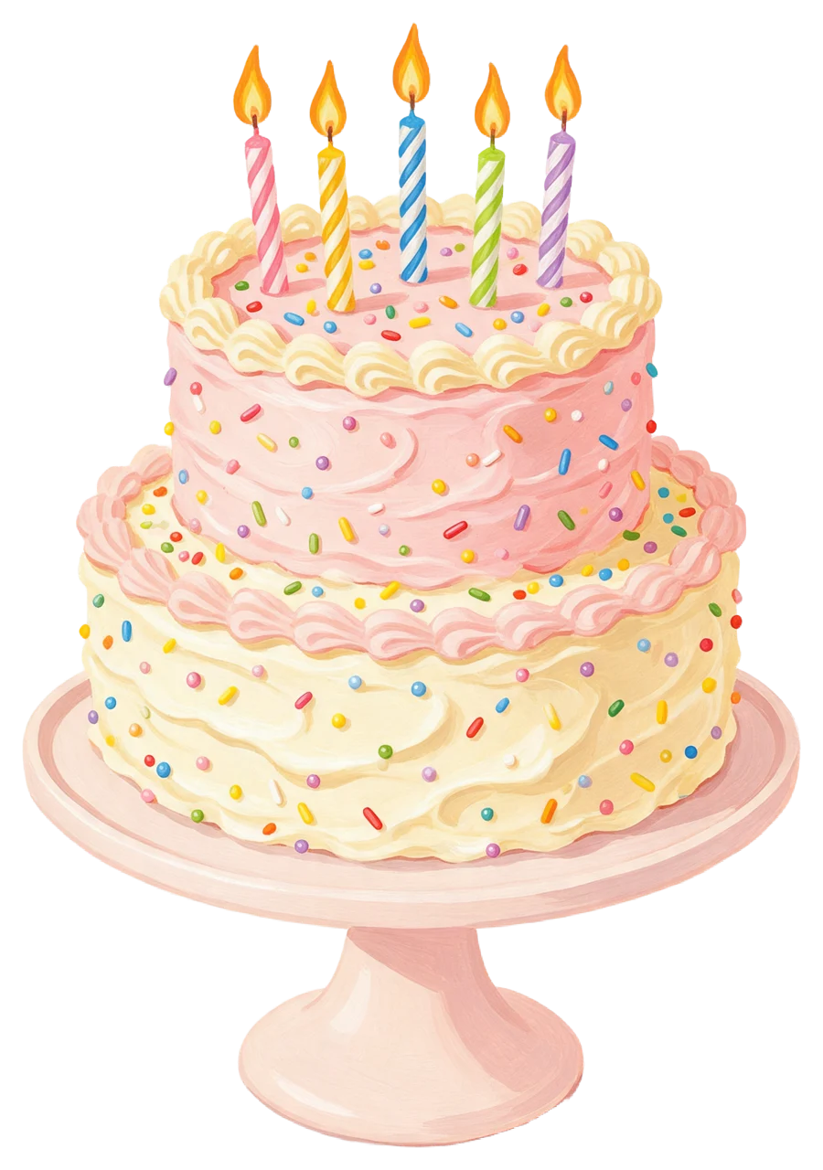 Hand-painted gouache two-tier birthday cake with lit candles and sprinkles on a cake stand