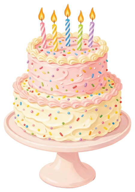 Hand-painted gouache two-tier birthday cake with lit candles and sprinkles on a cake stand